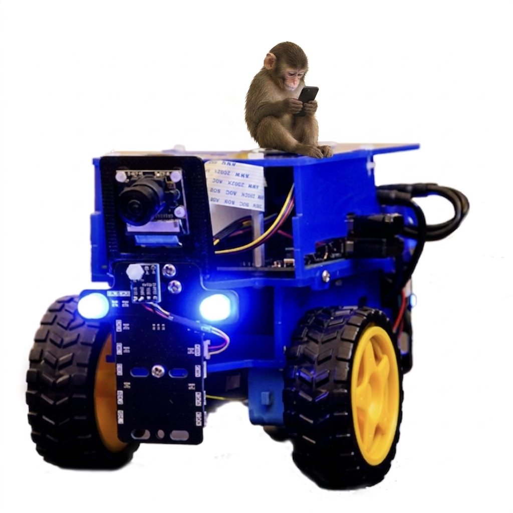 An ape sitting atop an autonomous AI robot rover, looking at its phone while the robot drives itself